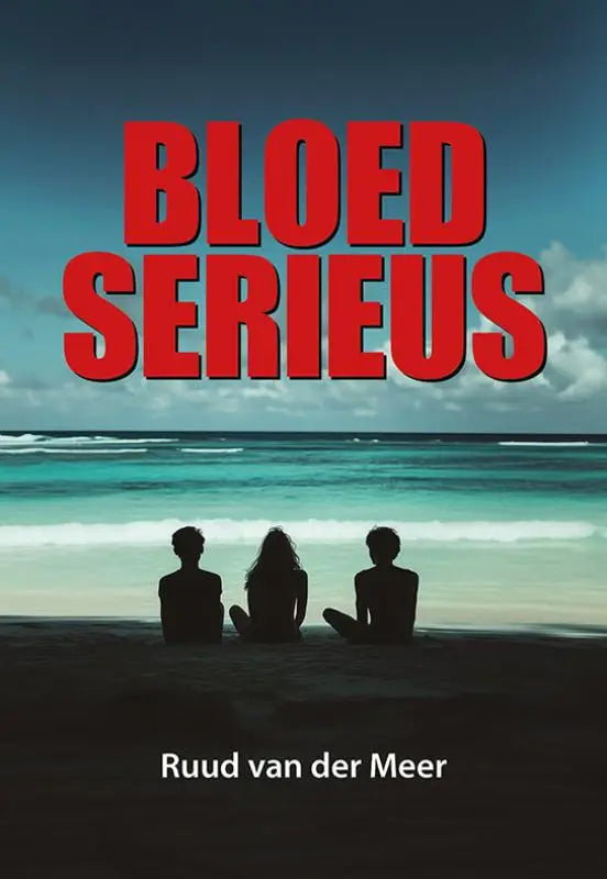 Rode vetgedrukte tekst bloed serieus op een strand met drie silhouetten in het product bloedserieus