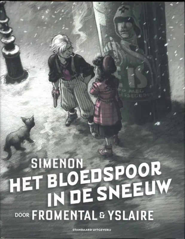 Zwart-witte geïllustreerde boekcover het bloedspoor in de sneeuw door georges simenon met sneeuwlandschap en kinderen