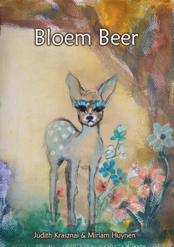 Een kinderboek bloem beer van judith krasznai met een lichtblauw hertje en bloemenbril op pastelbloemenachtergrond