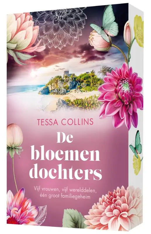 De bloemendochters boek met roze paarse bloemen en vlinders over vijf vrouwen vijf werelddelen en groot familiegeheim