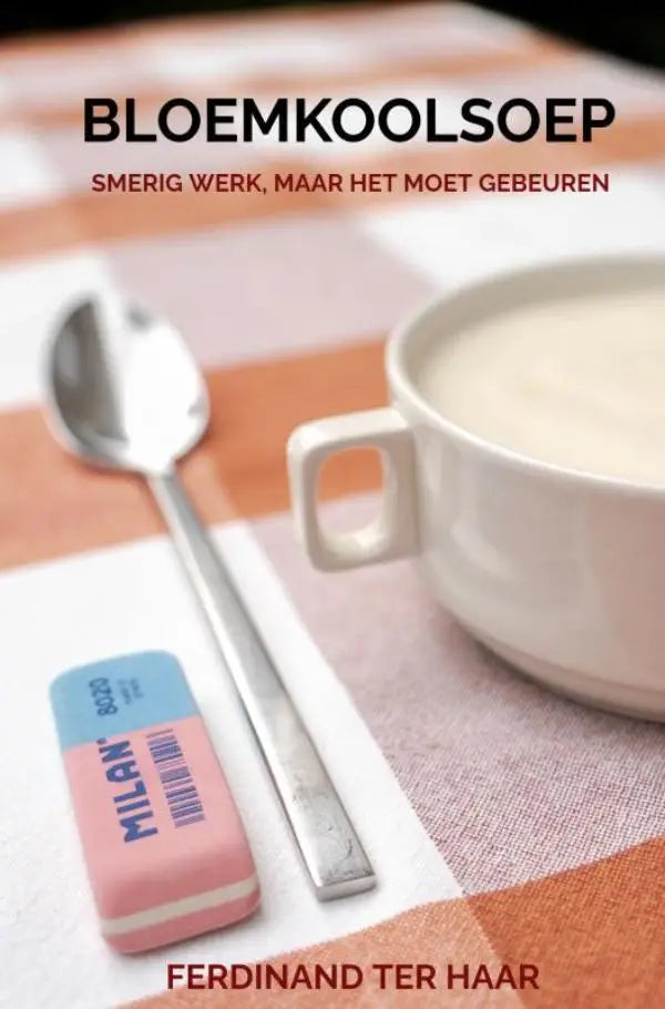 Een roze en blauwe milan gum met een witte streep ligt naast een zilveren lepel op een geruit kleed voor smerig werk
