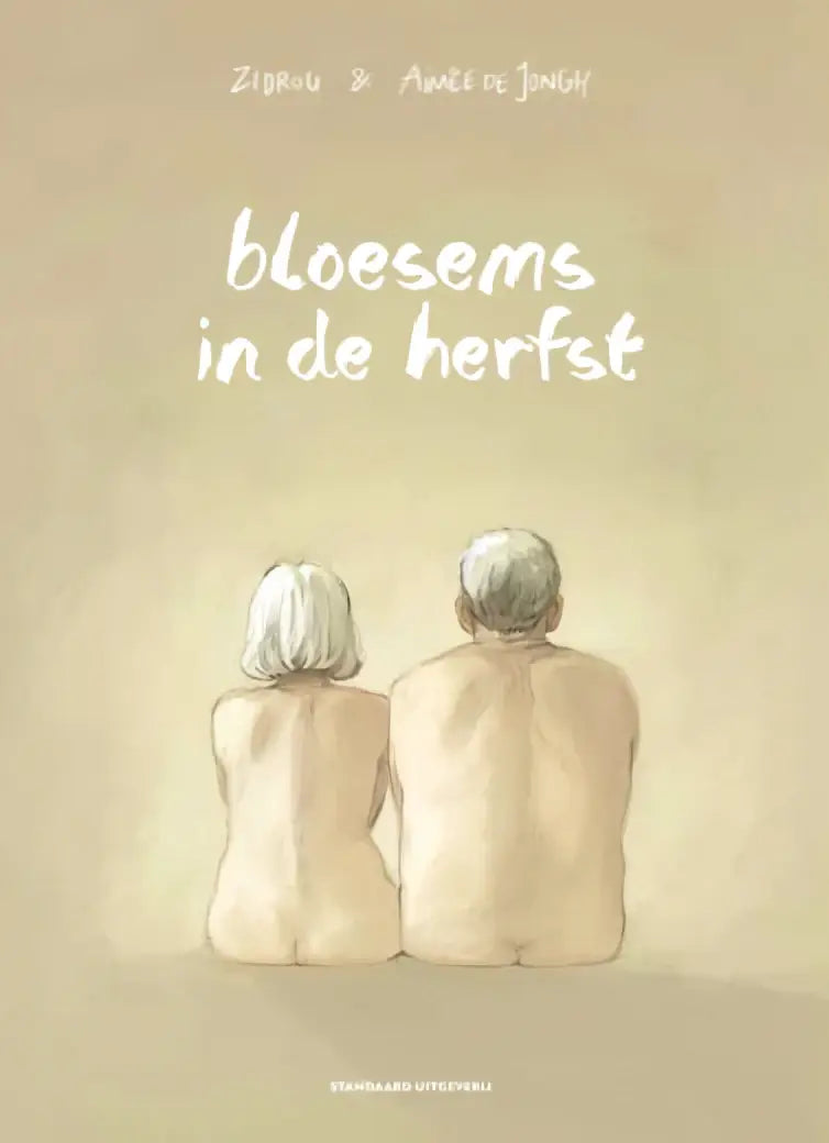 De boekcover van strips algemeen bloesems in de herfst heeft een zachte beige achtergrond met de titel in witte cursieve letters