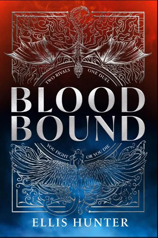 De boekomslag van blood bound door ellis hunter toont een zilveren draak en feniks op een rood-blauwe achtergrond