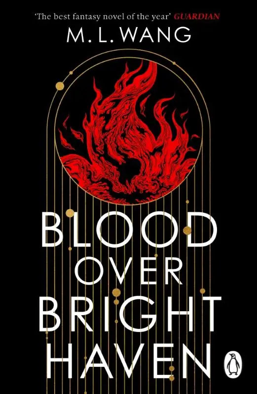 Zwarte boekomslag met een rode vlam binnen een gouden cirkel en de titel blood over bright haven in witte letters