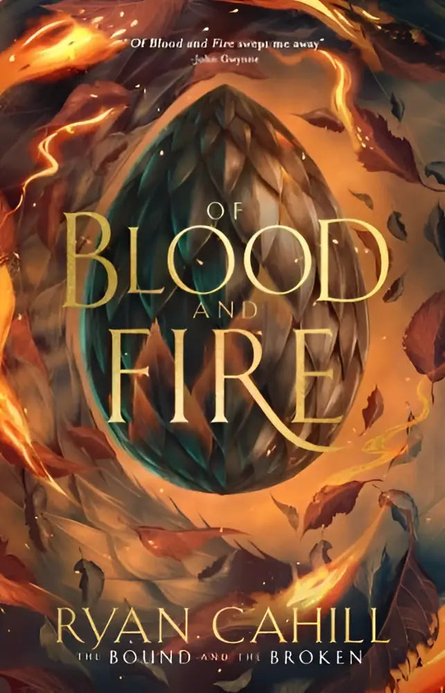 De cover van het boek of blood and fire van ryan cahill toont een groenblauw ei omgeven door vuur en vallende bladeren