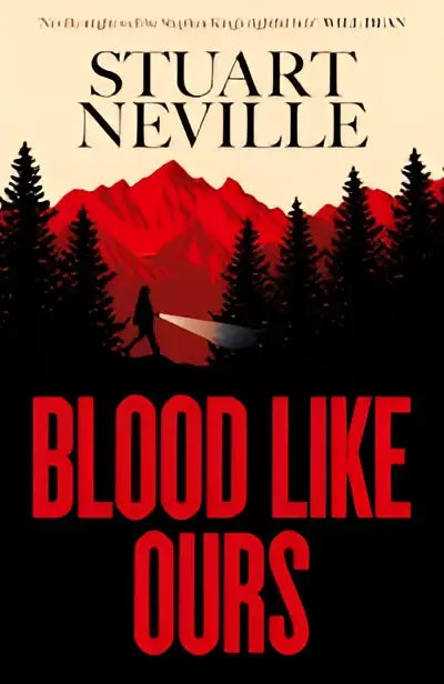 De cover van het boek blood like ours toont rode letters op een zwarte achtergrond met bergen en dennenbomen