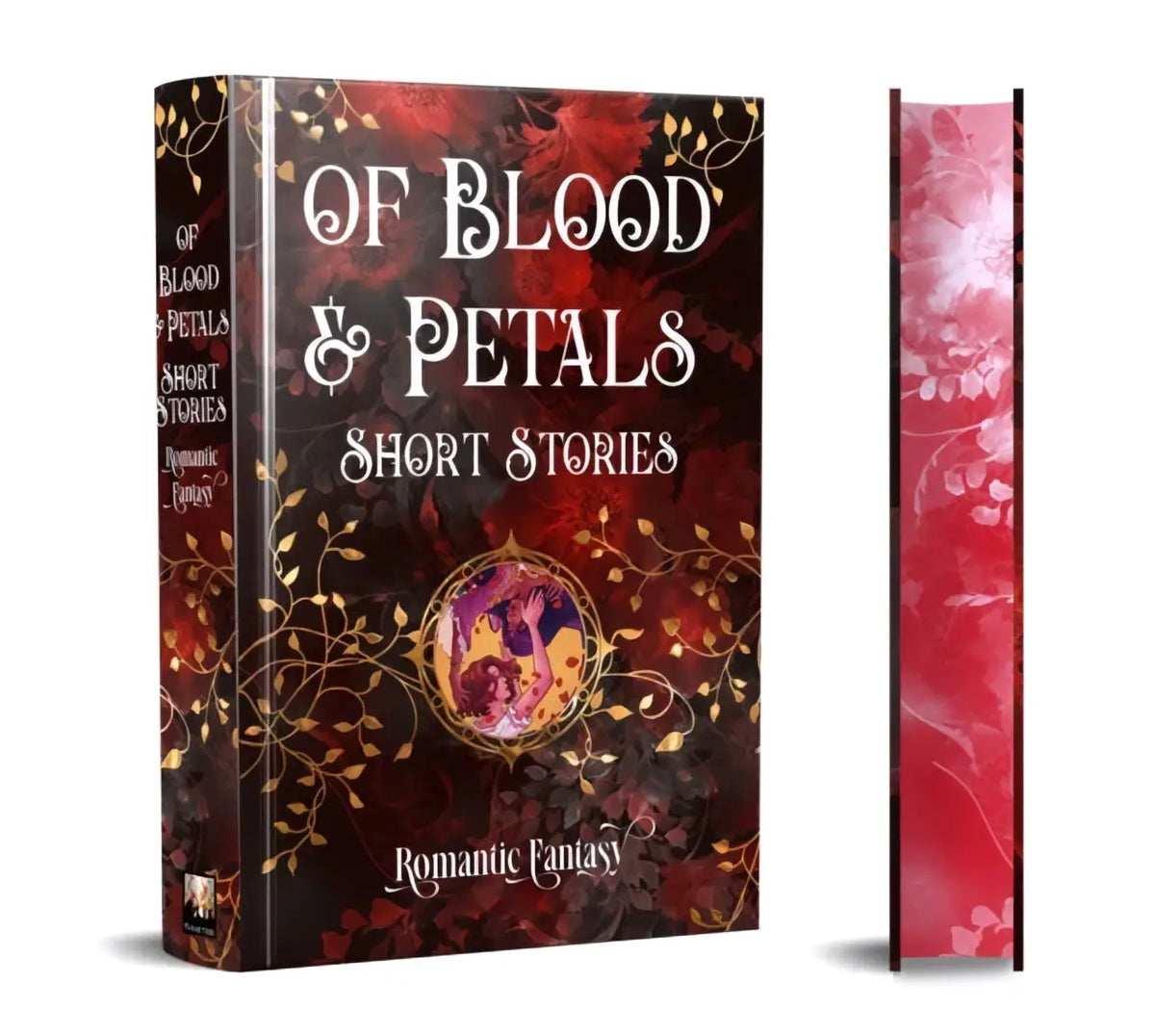 A hardcover book of blood & petals short stories with dark red and black cover and gold leaf patterns