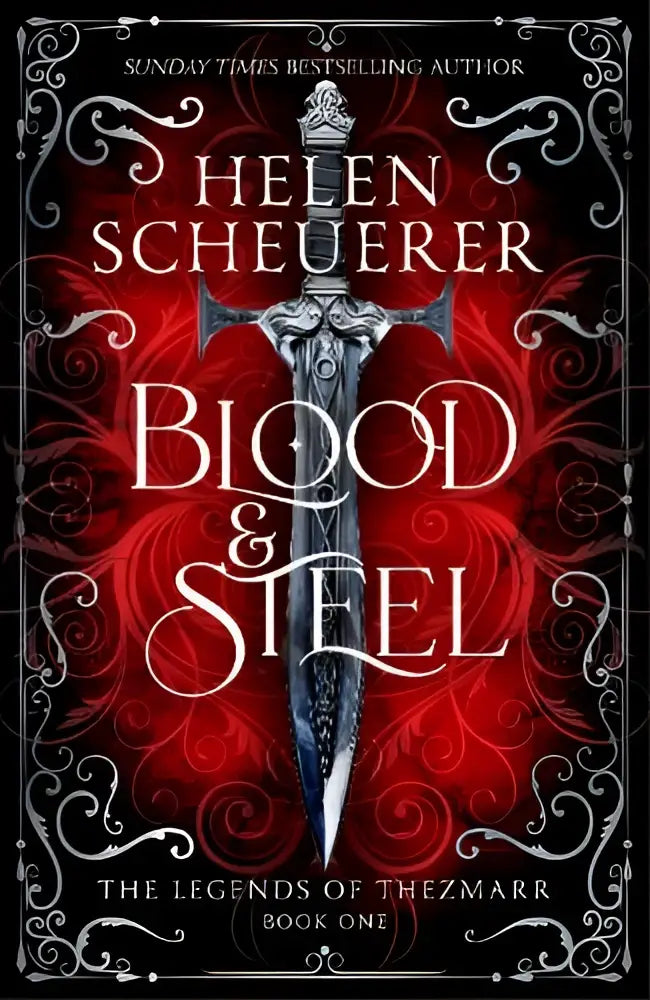 De book cover van blood & steel door pan macmillan toont een zilveren dolk met rood en zwart filigraan achtergrond