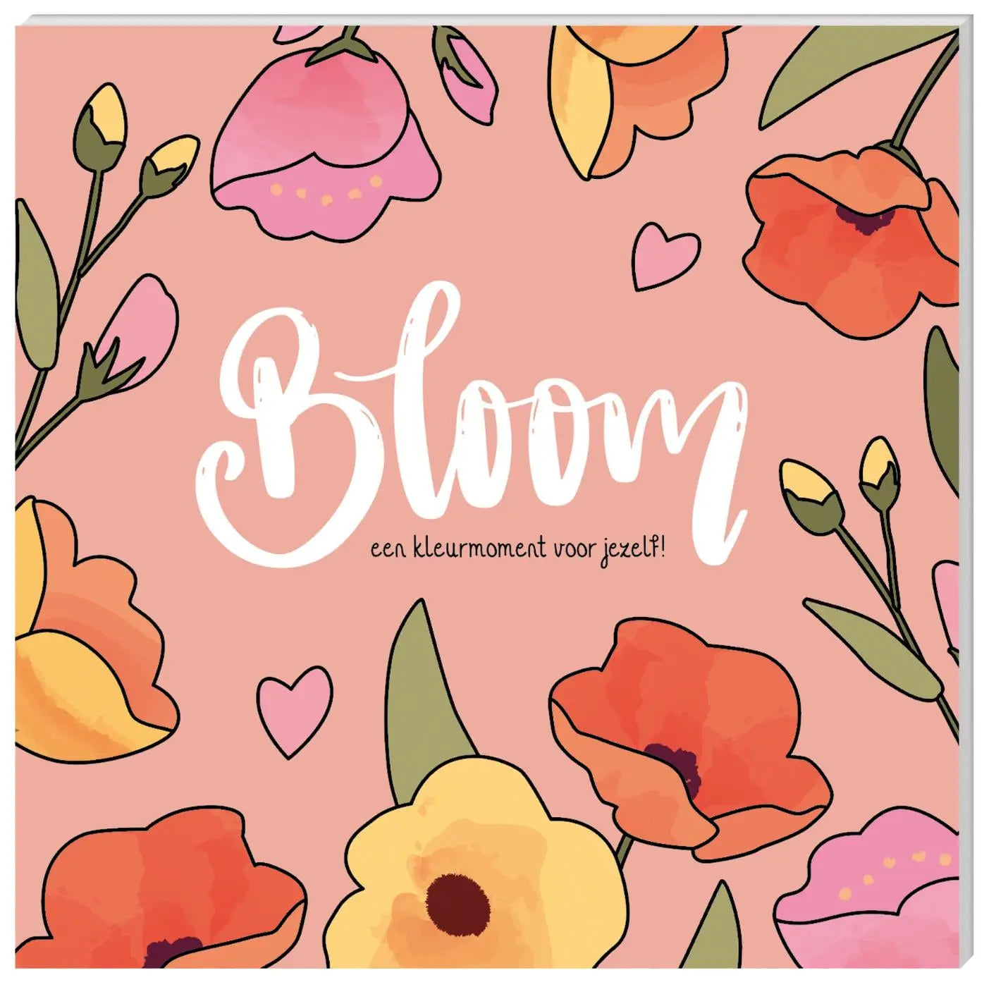 Roze vierkante journal met bloemenpatroon en het woord bloom in witte cursieve letters voor een kleurmoment