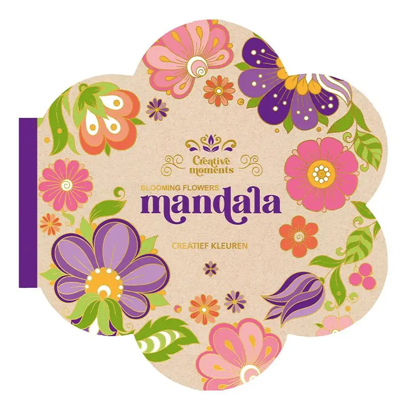 Bloemenmandala creatief kleuren boek met beige omslag en levendige roze paarse en oranje bloesems in gedetailleerd patroon