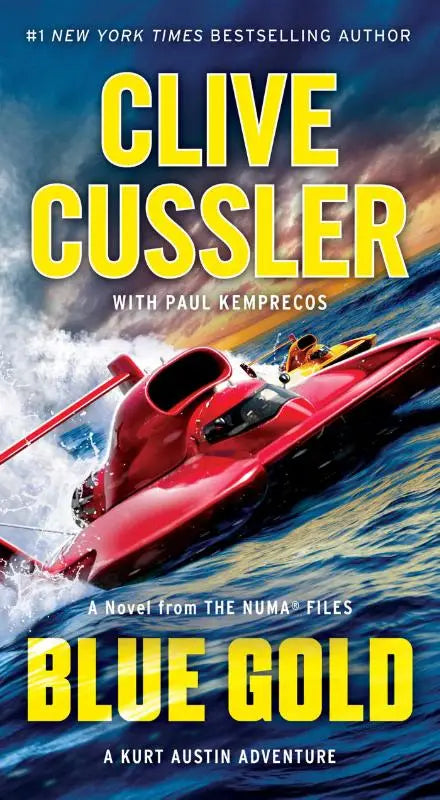 Red high-speed racing boat speeding through choppy water on the numa files novel blue gold book cover
