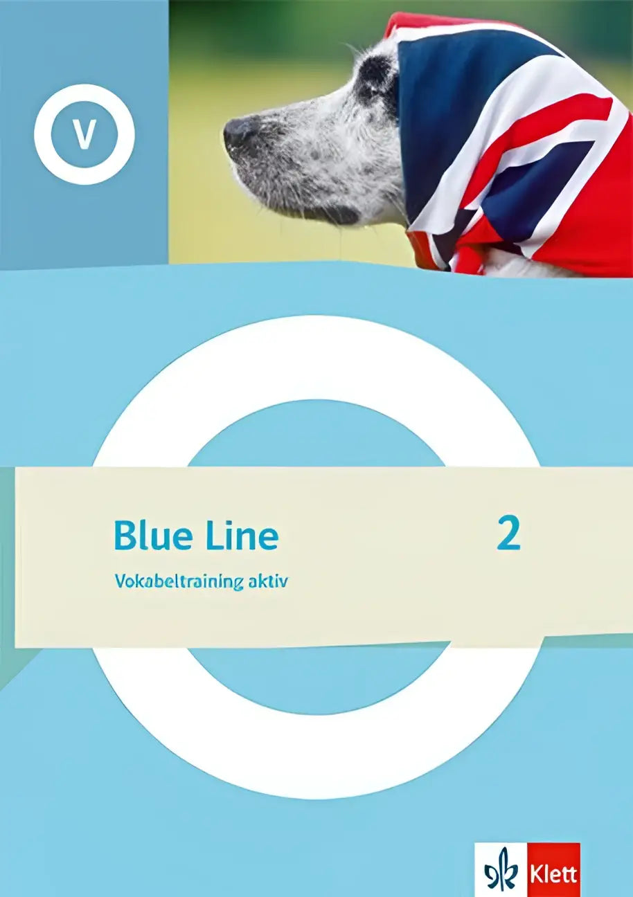 Boek blue line 2 vokabeltraining aktiv klasse 6 met hond in union jack cap op de voorkant