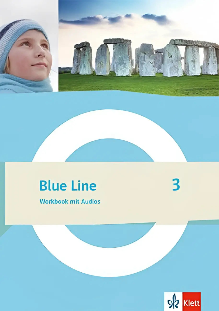 Blue line 3 workbook mit audios klasse 7 met lichtblauw omslag en afbeeldingen van stonehenge en kind in winterkleding