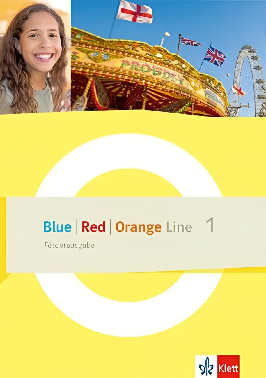 Heldere gele tekstboekcover blauw rood oranje lijn 1 met lachend meisje en kermismolen voor klas 5