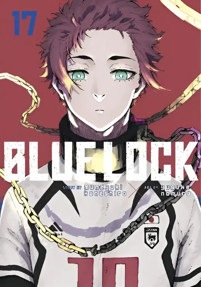 De cover van blue lock manga volume 17 toont een personage met stekelig roodbruin haar en groen gloeiende ogen