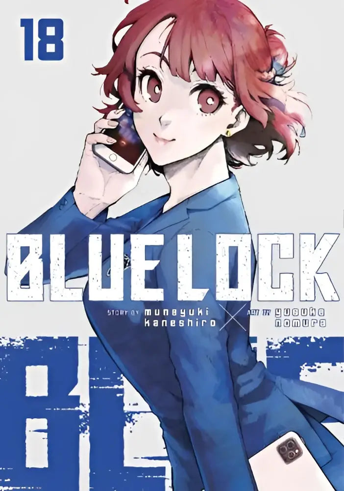 Cover van blue lock volume 18 met roodharig anime meisje in blauw pak die een smartphone vasthoudt