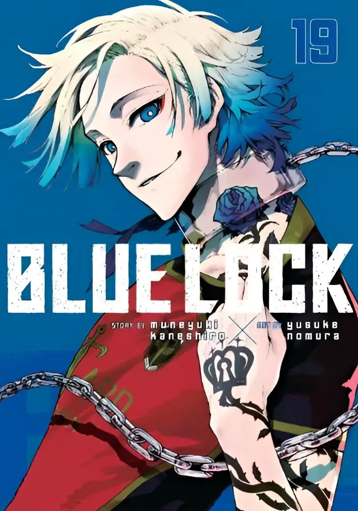 Blue lock volume 19 manga cover featuring a character with white and blue hair wearing a red jacket over dark clothing