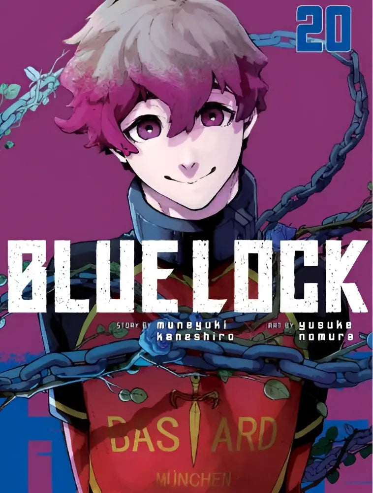 De cover van blue lock volume 20 met een animepersonage in een rood sportshirt van bastard münchen