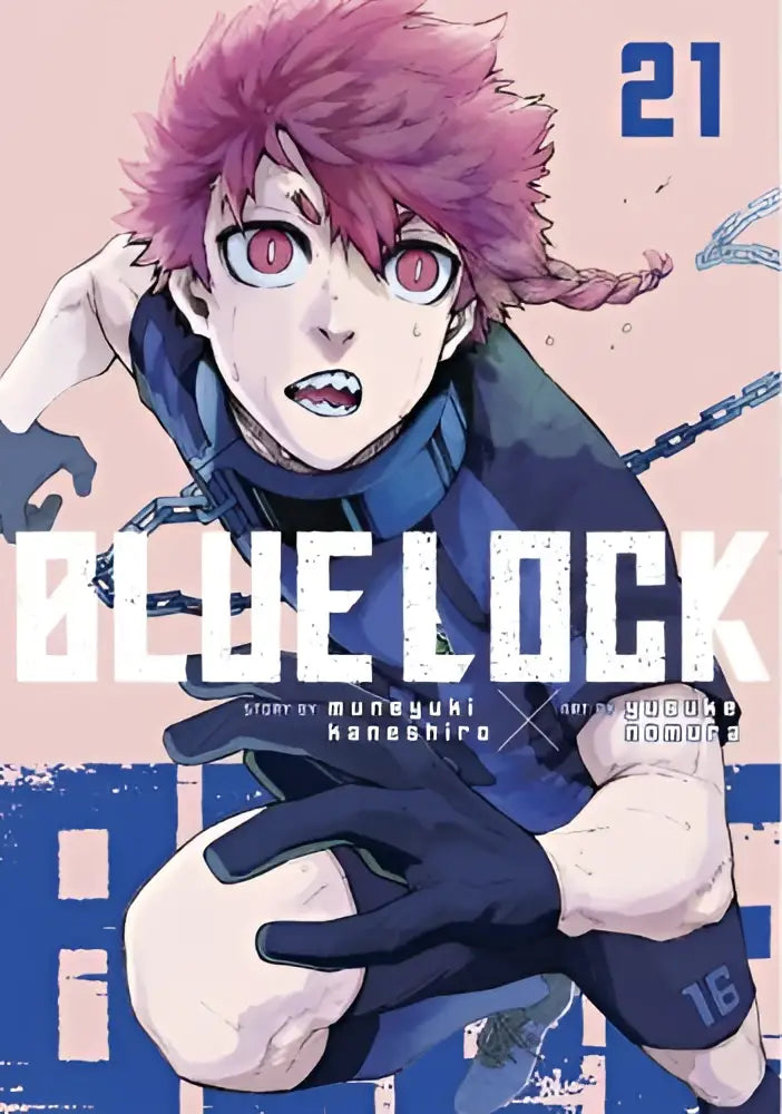 De cover van blue lock manga volume 21 met een personage met roze stekelig haar en rode ogen in donkerblauwe sportkleding