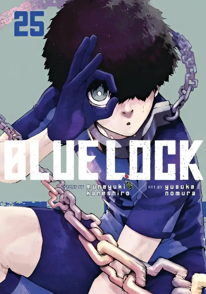 Blue lock volume 25 manga cover featuring a character in dark blue athletic gear wrapped in chains