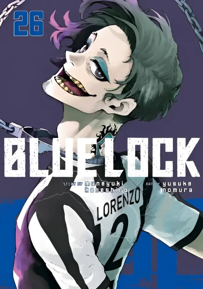 De cover van blue lock manga volume 26 met een personage met donkergroen haar en blauwe ogen in een zwart-wit gestreept shirt