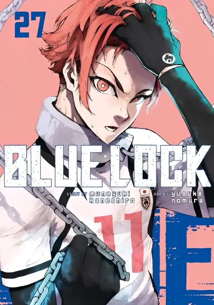 De cover van blue lock manga volume 27 met een roodharig personage in wit zwart sportshirt nummer 11