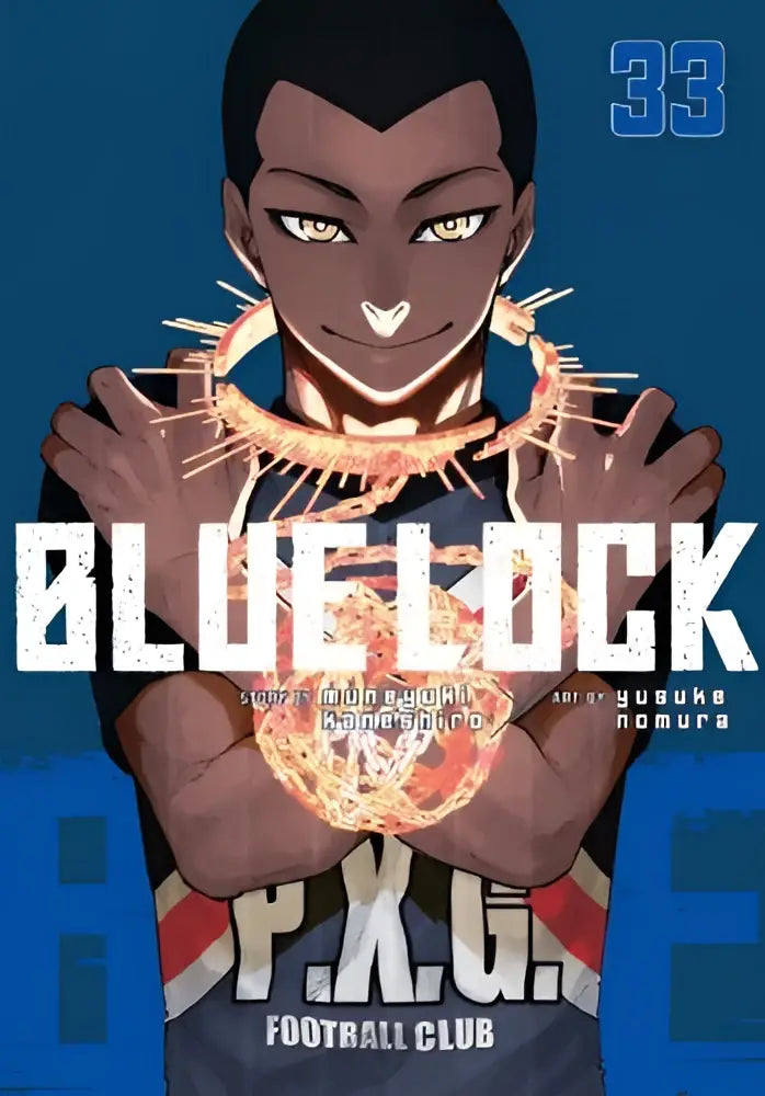 Blue lock volume 33 manga cover met een personage in donkerblauw shirt met rode en witte strepen dat een oranje gloeiende bol vasthoudt