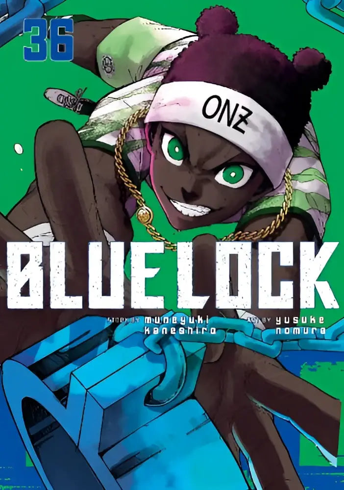 De cover van blue lock volume 36 toont een personage met wit hoofddeksel met onz, paarse berenoren en groene ogen