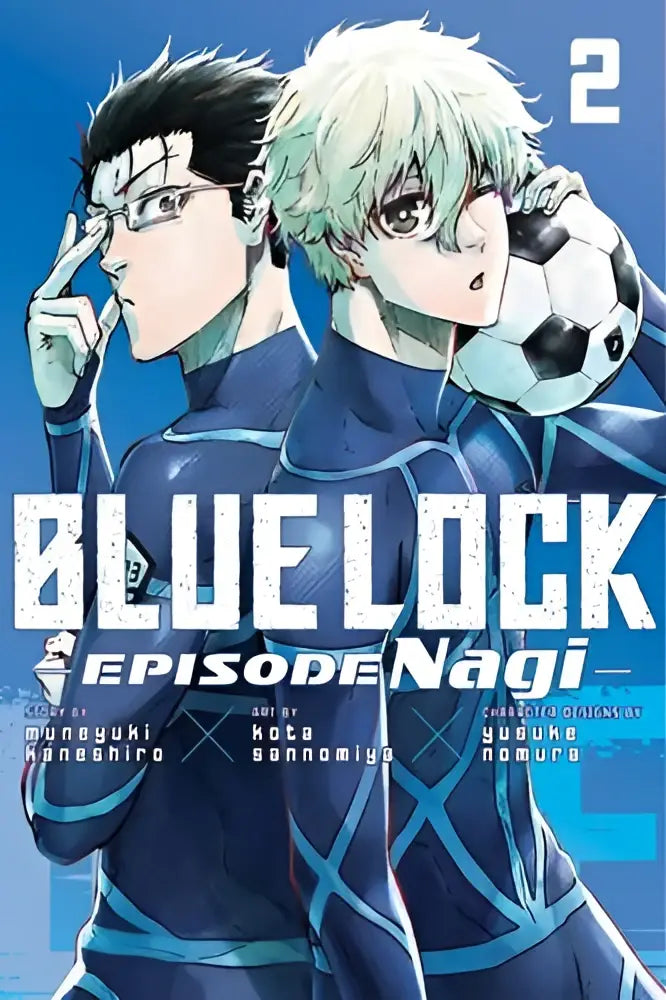Blue lock episode nagi 2 manga cover met twee animepersonages in blauwe uniformen, één met een voetbal