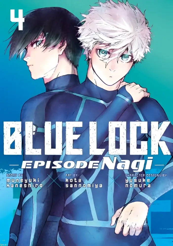 De blue lock episode nagi 4 manga cover toont twee personages in donkerblauwe sportuniformen met lichte blauwe patronen
