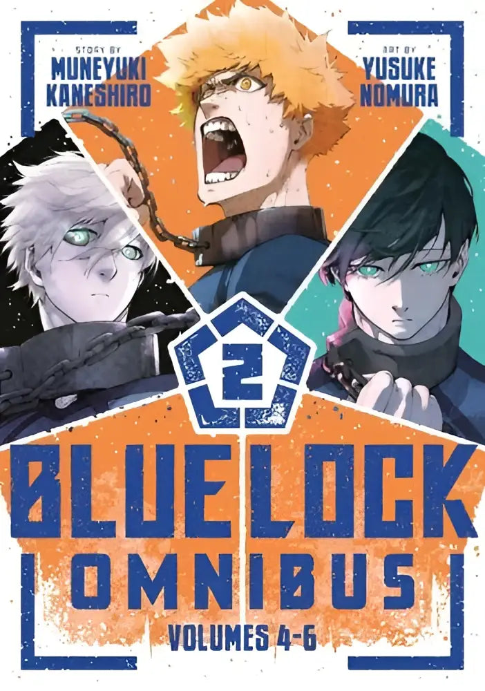 Blue lock omnibus volumes 4-6 met gedurfde oranje en blauwe kaft en drie animepersonages in blue lock omnibus 2
