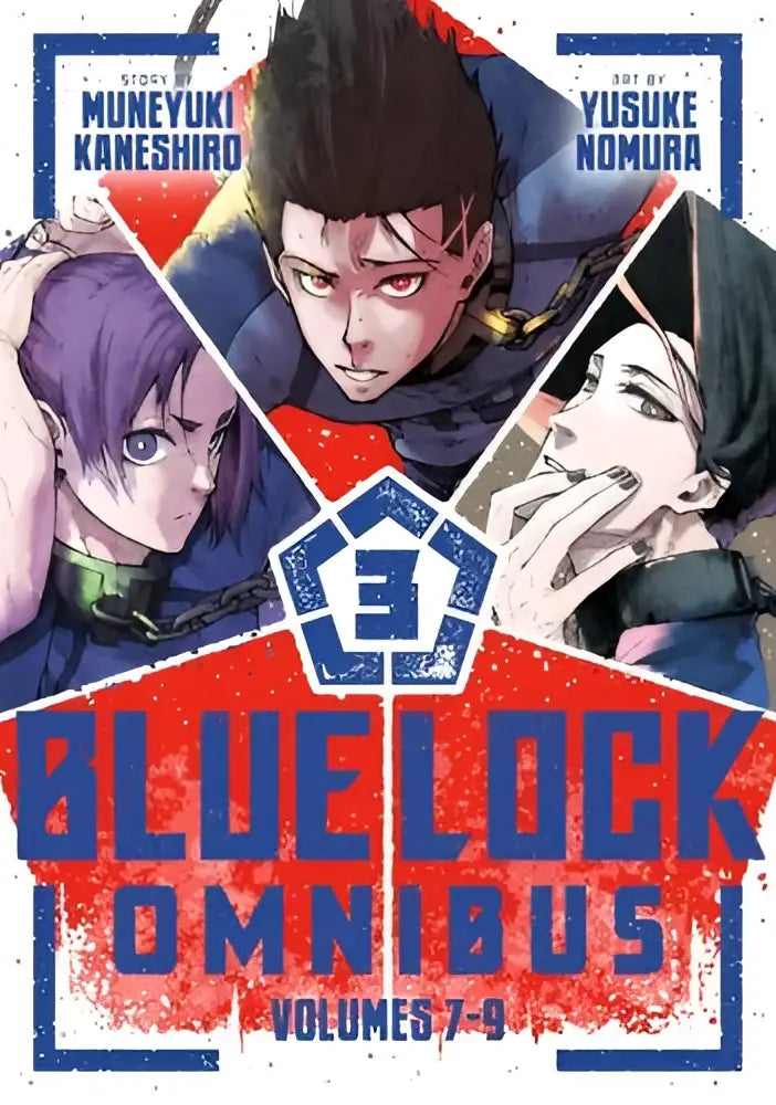 Blue lock omnibus 3 volumes 7-9 manga met dynamische animepersonages en roodblauw ontwerp op de omslag