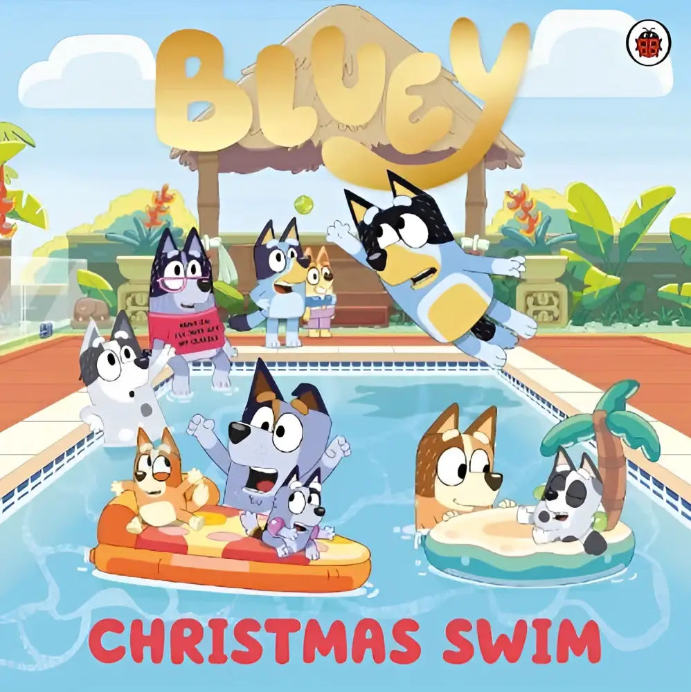 Bluey christmas swim picture book cover with vibrant cartoon bluey family enjoying pool party for jonge lezers