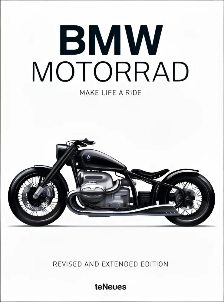 Illustratie van een zwarte bmw motorrad motorfiets op de witte omslag van het boek bmw motorrad make life a ride