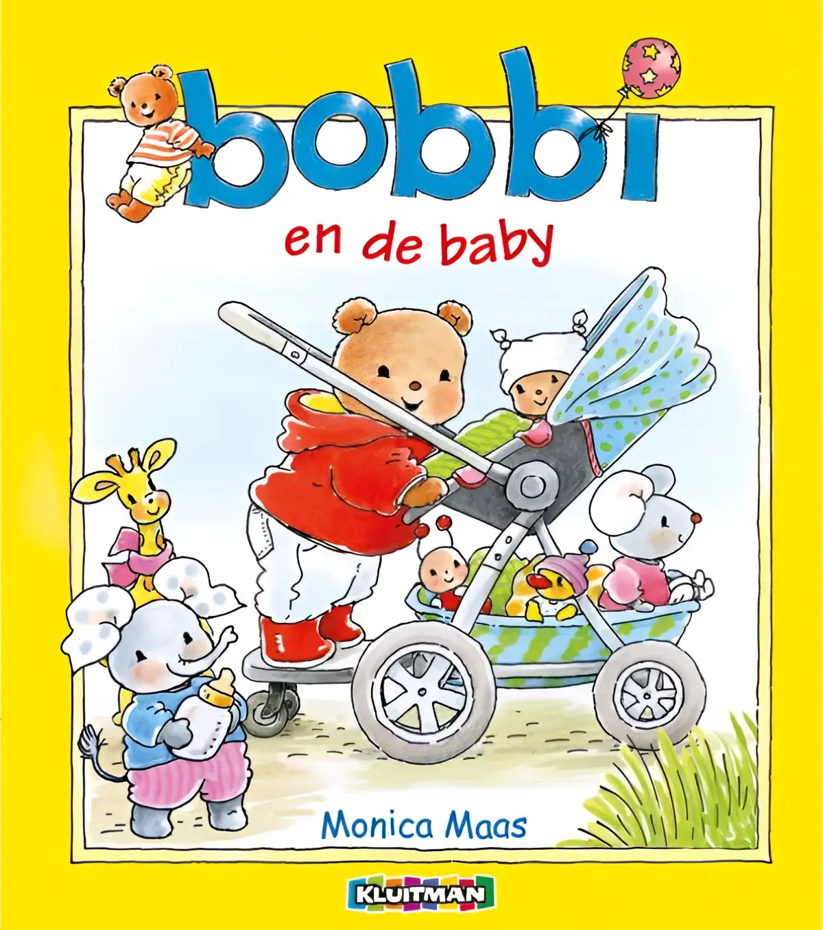 Een vrolijke cartoonbeer in een rood jasje duwt een kinderwagen met baby omringd door dieren voor jonge lezers