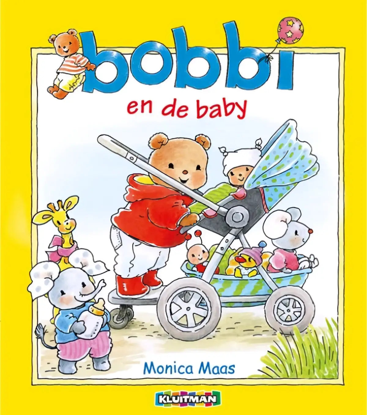 Een vrolijke beer in een rode jas duwt een kinderwagen in het binnen peuterboeken bobbi en de baby van monica maas