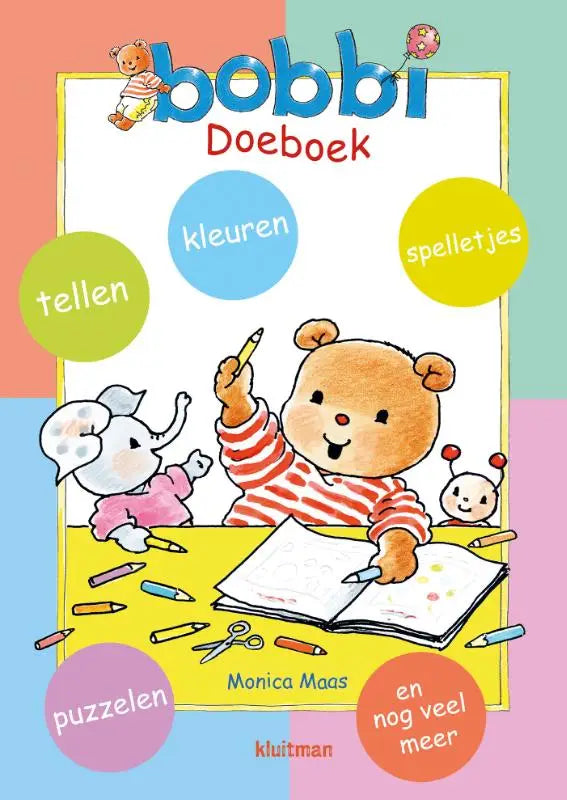 Een kleurrijke kinderen doeboek bobbi doeboek van monica maas met een cartoonbeer en kleurpotloden voor jonge lezers
