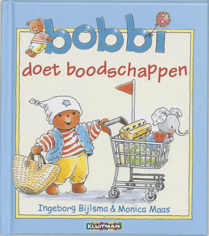 Blauw hardcover kinderboek bobby doet boodschappen met cartoonbeer en olifant in winkelwagen voor jonge lezers