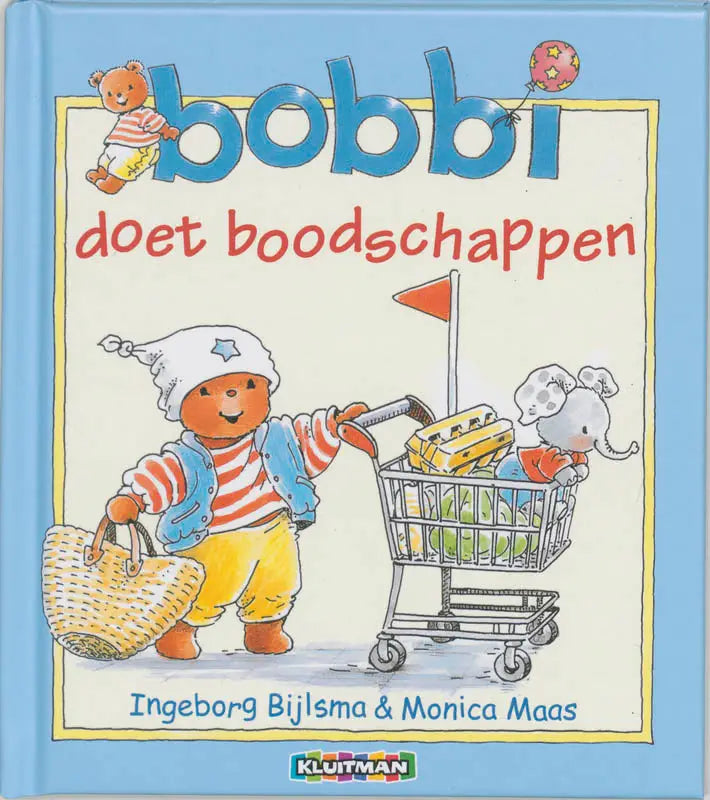 Blauw hardcover binnen peuterboek bobbi doet boodschappen van ingeborg bijlsma en monica maas met cartoonbeer en olifant