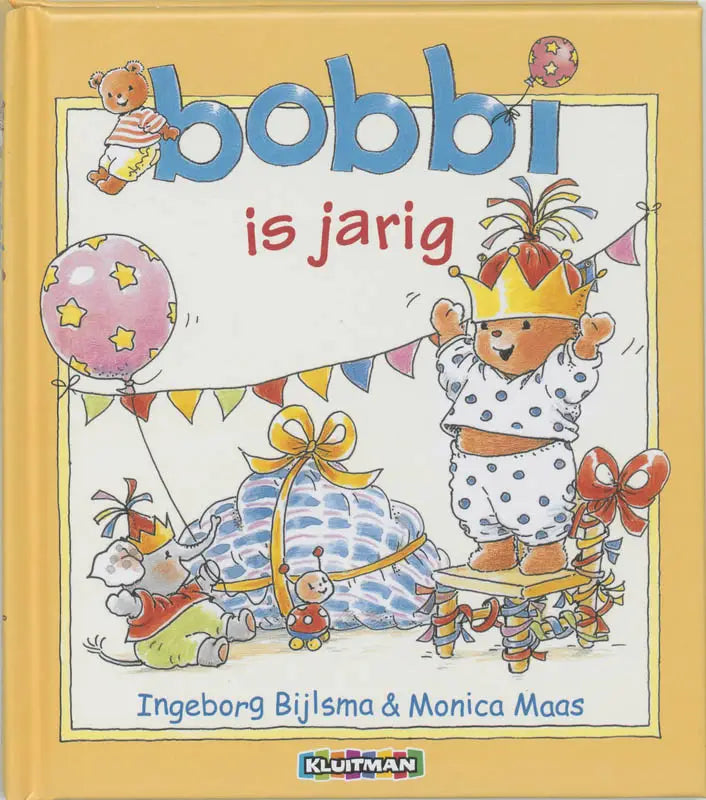 Gele hardcover kinderboek bobbi is jarig met cartoonbeer in pyjama en kroon, feestversiering, ideaal voor jonge lezers
