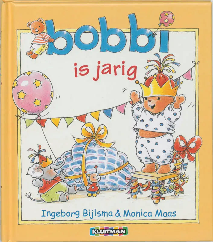 Geel hardcover binnen peuterboek bobbi is jarig van ingeborg bijlsma en monica maas met een beer in pyjama en kroon