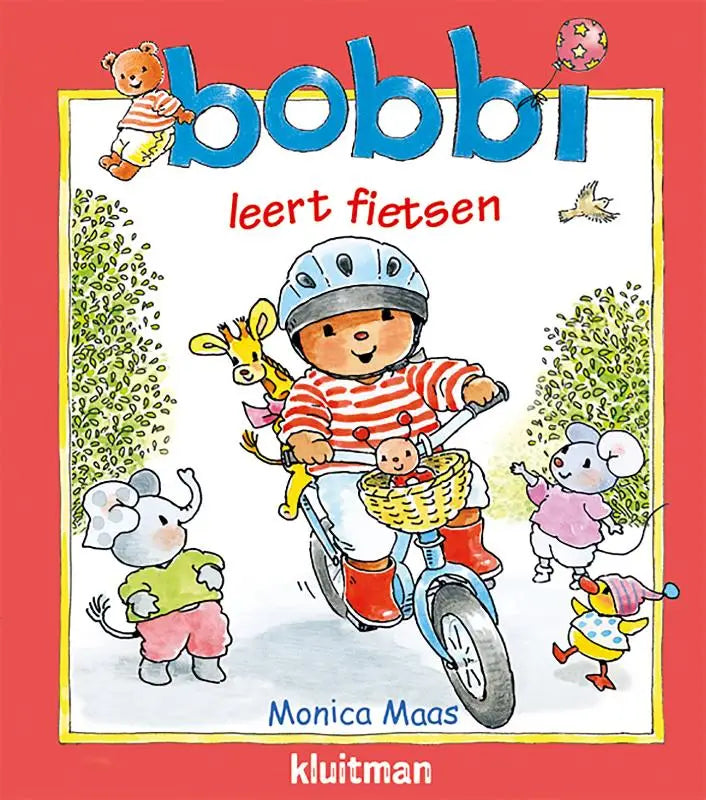 Blauwe fiets met gele rieten mand en cartoonkind in rood laarzen en gestreept shirt voor bobbi leert fietsen