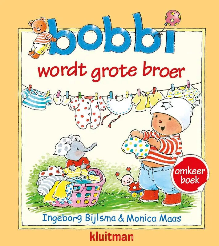 De bobbi omkeerboek cover toont een vrolijke illustratie van babykleertjes en een kind met een polkadot outfit grote broer