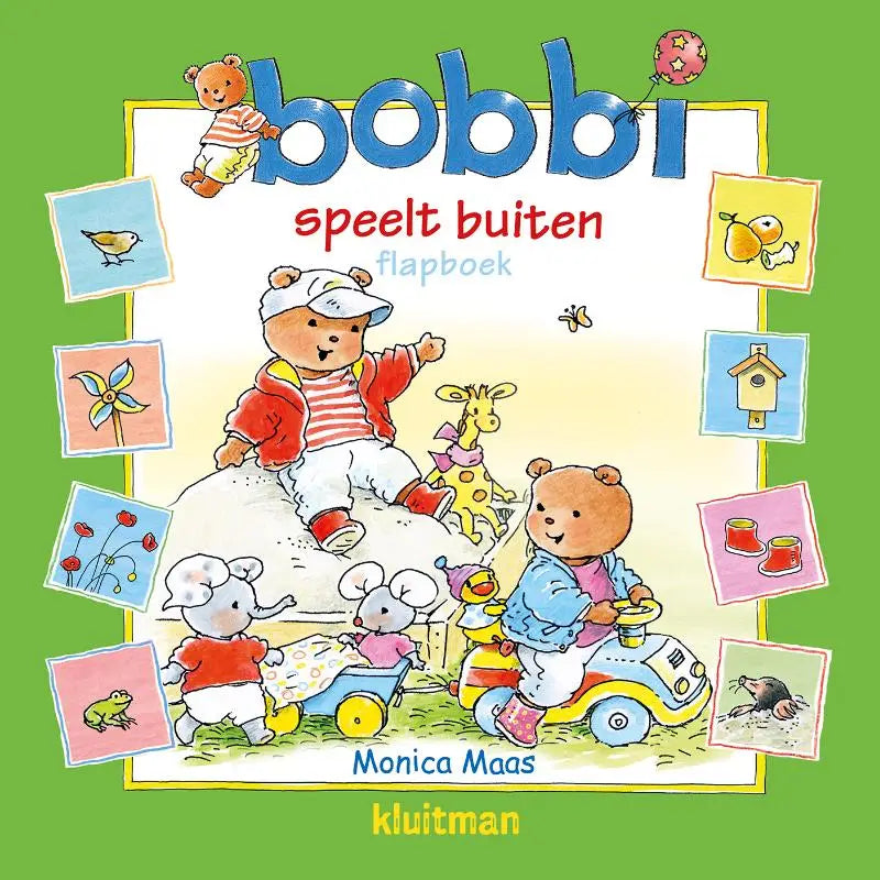 Kleurig flapboek bobbi speelt buiten met cartoonberen en dieren spelend buiten voor jonge lezers