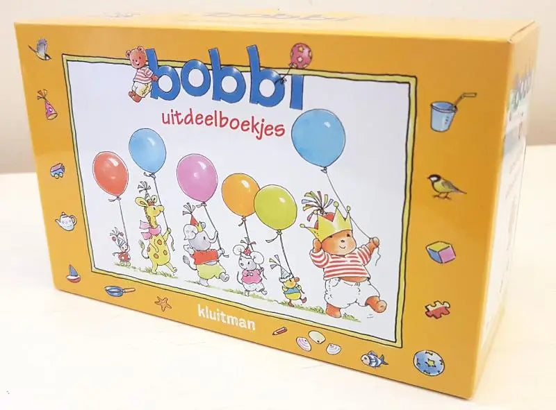 Gele kartonnen box met cartoonillustratie van bobbi en vrienden op een verjaardagsfeest voor bobbi uitdeelboekjes jonge lezers