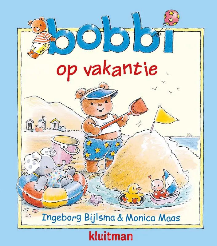 Bobbi op vakantie kinderverhaal met blauwe en gele strandthema illustratie van cartoonbeer die zandkastelen bouwt voor jonge lezers