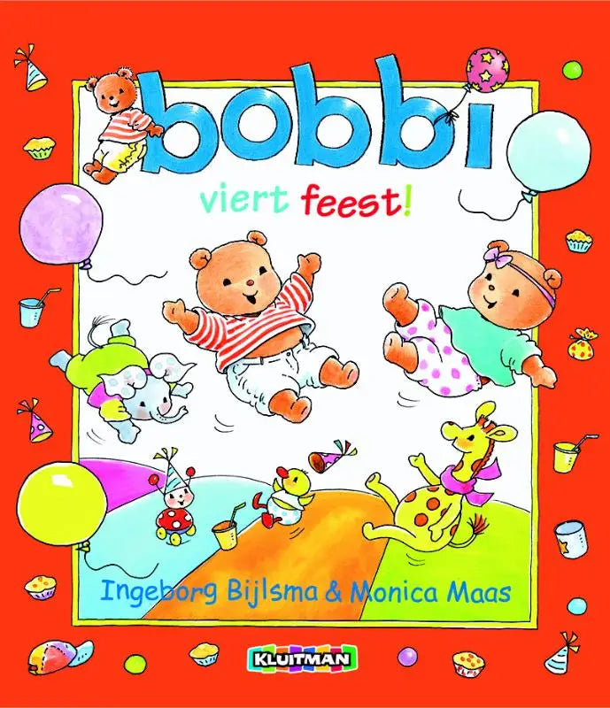 Brightly illustrated children’s book cover bobbi viert feest with colorful party scene and cartoon animals celebrating