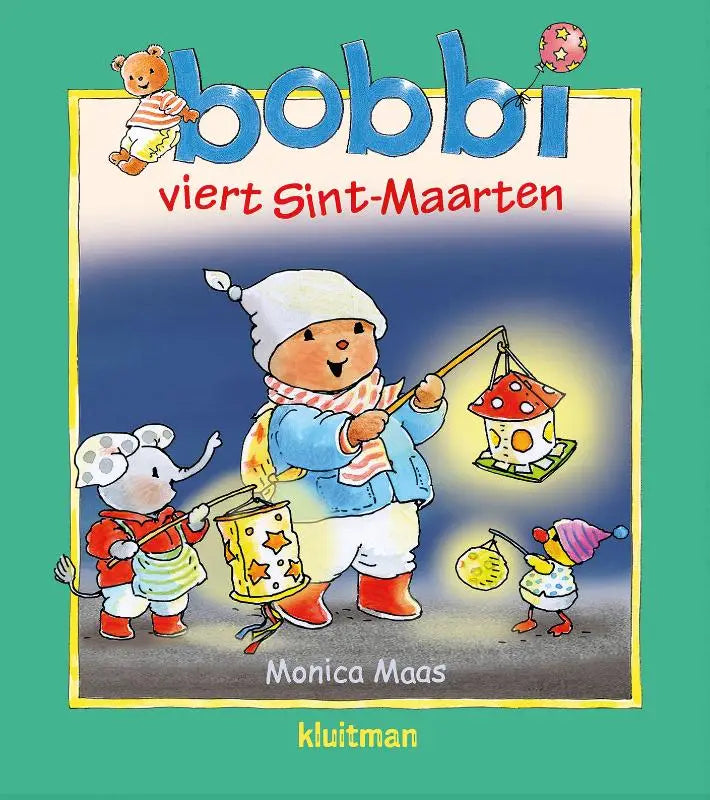 Illustratie van de blauwe en rode omslag van het kinderboek bobbi viert sint-maarten gericht op jonge lezers