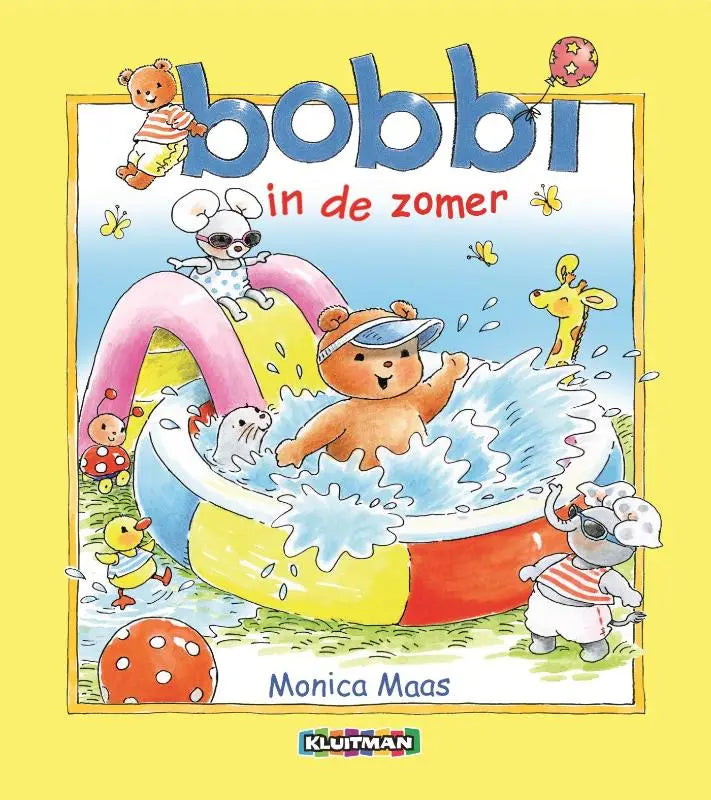 Bright yellow childrens book cover bobbi in de zomer with cartoon animals enjoying a colorful inflatable pool for jonge lezers