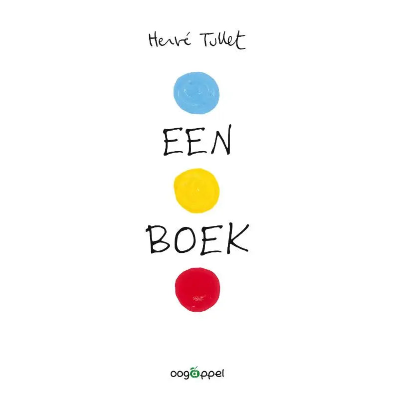 Minimalistische boekcover van een boek met titel een boek in zwart handschrift en drie verticale gekleurde cirkels voor jonge lezers